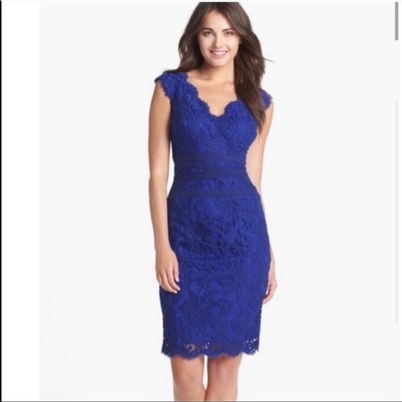 Tadashi Shoji | Embroidered Lace V Neck Sheath Dress In Marina Blue Size 2P - Picture 2 of 11